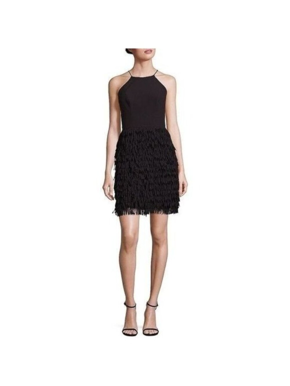 Aidan Mattox women's 2 black tiered fringe georgette paneled crepe mini dress